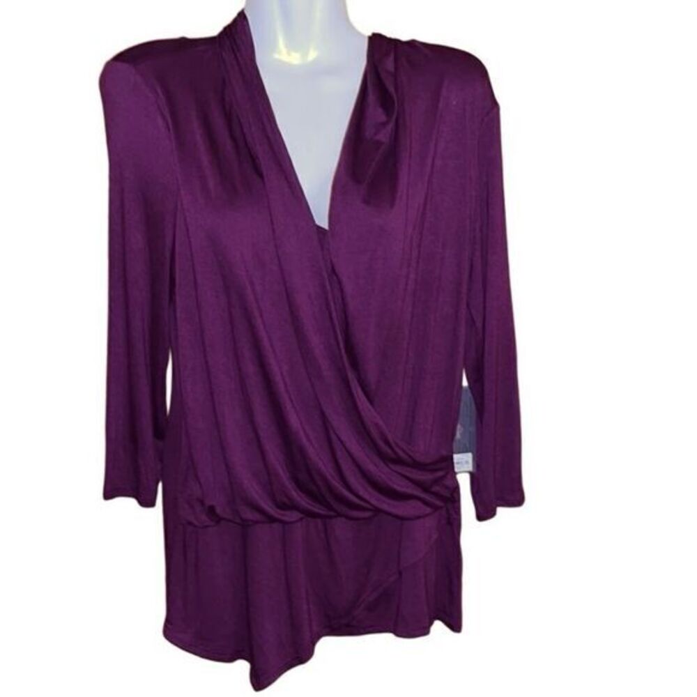 Jennifer Lopez Womens Shirt XS Plum Faux Wrap 3/4 Sleeve Asymmetrical‎ Hem NWT